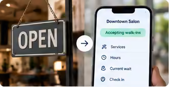 A hanging Open sign next to a phone showing Accepting walk-ins